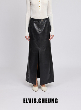 ELVIS.CHEUNG春夏新品羊皮前开叉鱼尾裙半身裙黑色设计师