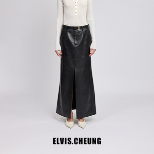 ELVIS.CHEUNG春夏新品羊皮前开叉鱼尾裙半身裙黑色设计师