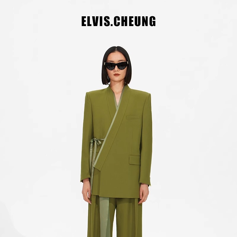ELVIS.CHEUNG开运设计师国产新中式精纺缎面汉服领H型系带西装女