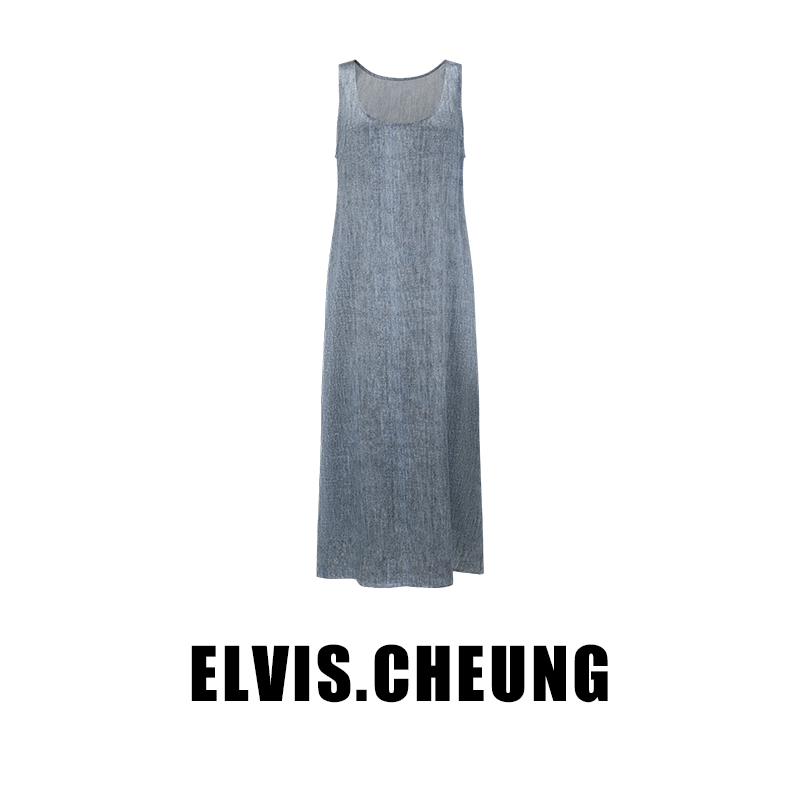 ELVIS.CHEUNG春夏新品复古真丝牛仔印花U领背心裙无袖长连衣裙