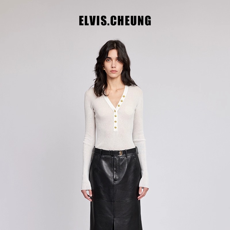 ELVIS.CHEUNG春夏新品半透视深V领时装结构毛衫百搭简约打底衫