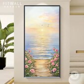 海韵朝晖手绘油画日出海景玄关装 饰画现代奶油风走廊过道挂画