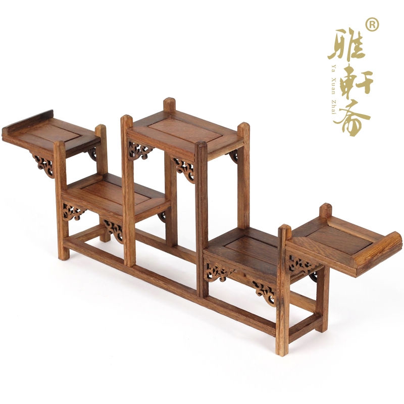 奇石底座茶壶架 鸡翅木雕博古架紫砂壶五层式古玩底座