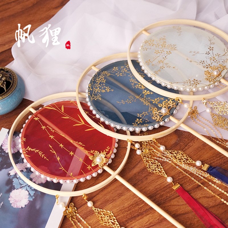 圈长团扇 唐风汉服烫金团纹流苏飘带扇复古中宫扇舞蹈扇