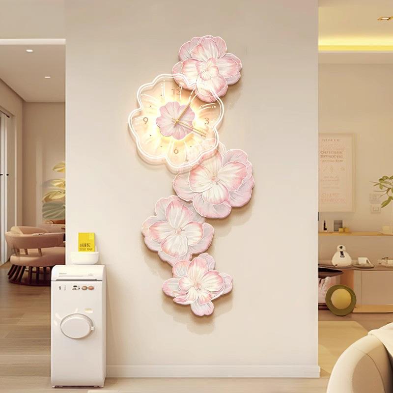 奶油风花卉玄关装饰画带钟表牡丹花正对门高级感壁画走廊客厅挂画
