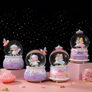 园精灵仙子发光水晶球自动飘雪音乐盒梦幻雪卡通八音盒厂