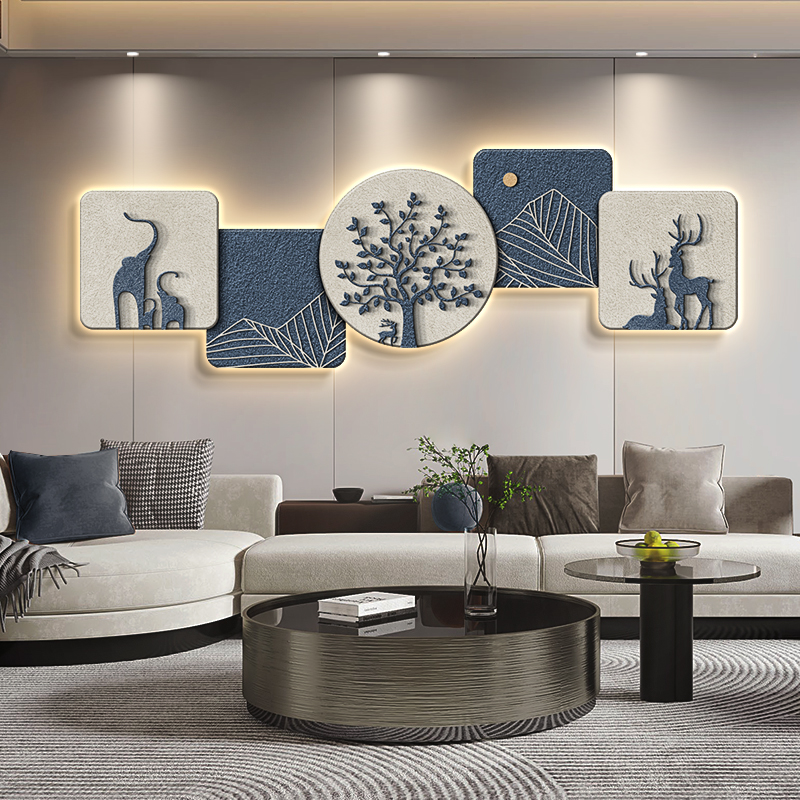 侘寂风客厅装饰画高级感沙发背景墙挂画现代抽象带灯砂岩壁画