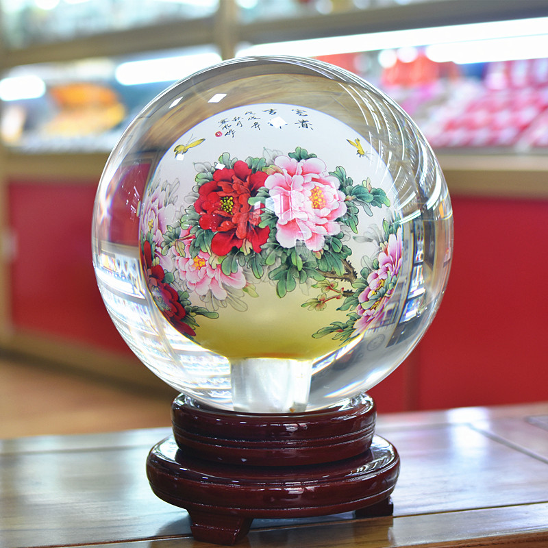 富贵牡丹内画水晶琉璃球玻璃工艺品家居摆件商务礼品送领导客户