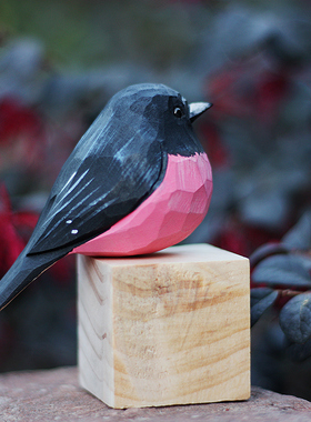 鹿妖商店 肥啾鸟木雕 粉红鸲鹟纯手工摆件 黑鸟 招桃花