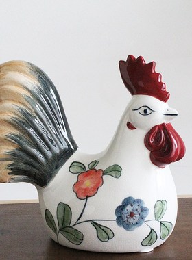 原128/只中式陶瓷青花鸡摆件高档礼品客厅办公室玄关装饰公鸡摆件