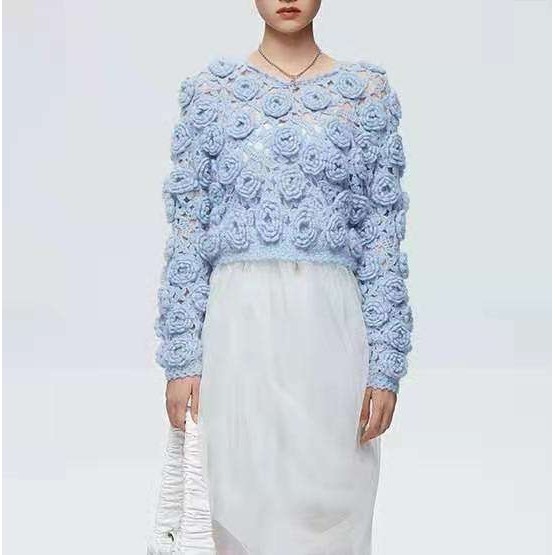 高比例羊毛马海毛纯手工钩针玫瑰花朵毛衣针织套头衫女sweater