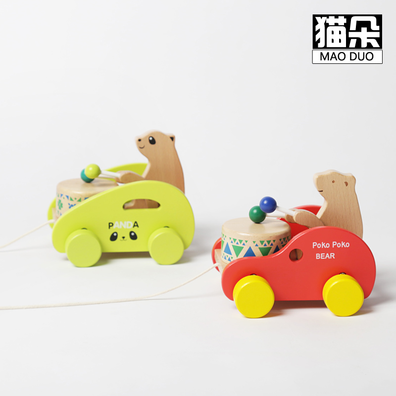 拖拉学步男女宝宝早教打鼓汽车1-2-岁儿童拉线木制推拉车