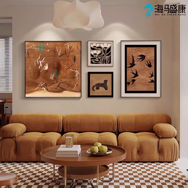 法式金钱豹客厅装饰画中古风沙发背景墙挂画高级复古四联组合壁画图片