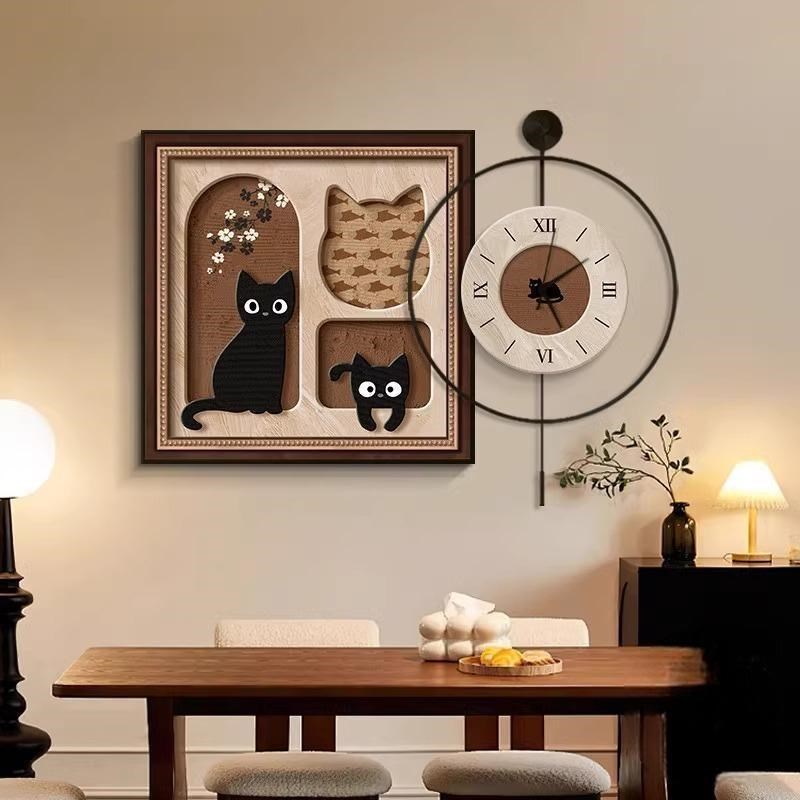 中古风餐厅钟表装饰画创意卡通猫咪挂F画复古艺术时钟挂钟餐桌壁图片