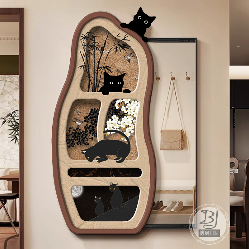 中古风猫咪镜子画隐藏式全身镜法式复古隐形推拉镜玄关装饰画挂画图片