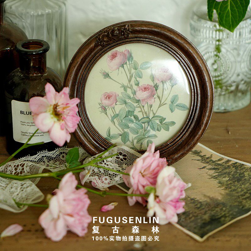 复古森林木色做旧圆形雕花相框画框家居民宿墙面装饰文艺照片墙