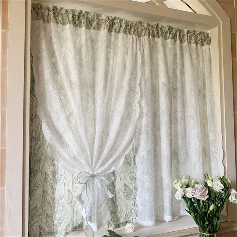 韩式纱布一体田园纱帘窗帘透光透人免打孔自粘贴半遮光落地阳台