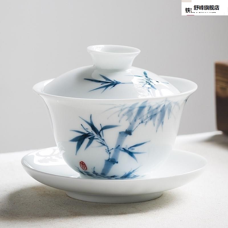 。手绘三才盖碗茶杯景瓷德镇单白瓷个青花功夫泡喝敬沏陶瓷茶具中