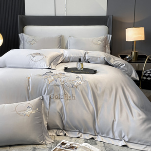 凉感床上用 国潮风真丝四件j套轻奢冰丝刺绣被套丝滑裸睡床单夏季