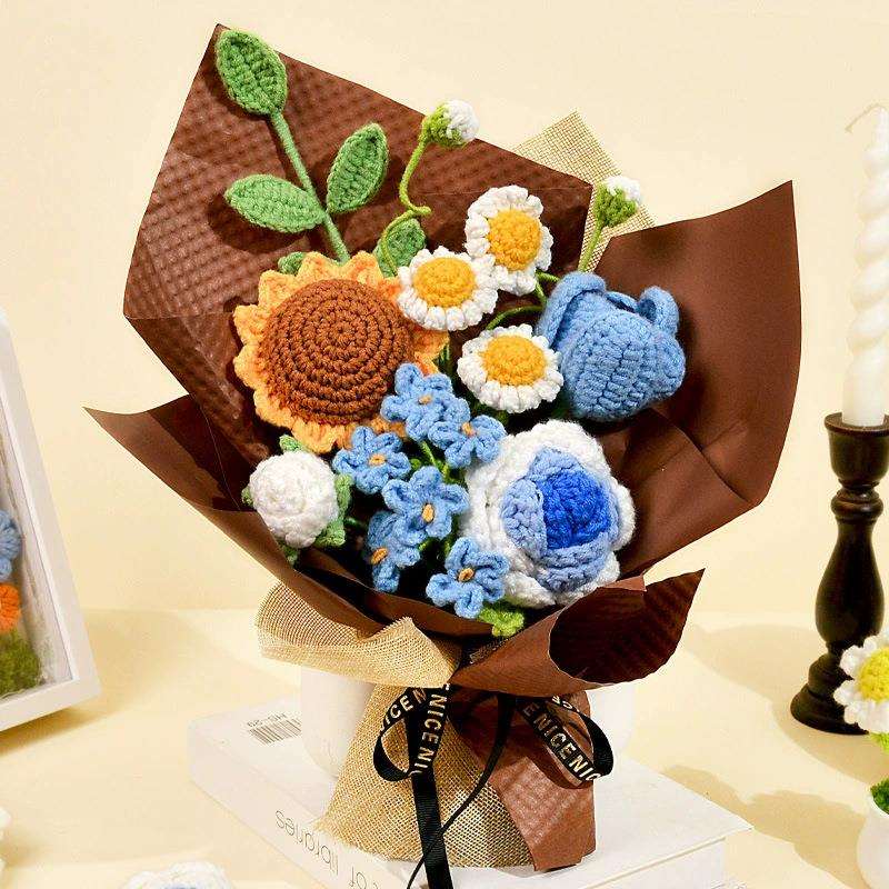 跨境成品手工针织编织毛线花渐变玫瑰花束仿真花向日葵情人节花束