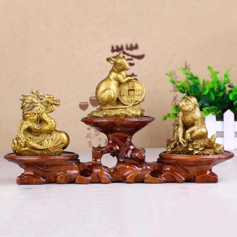 铜鼠龙猴三合摆件申子辰铜十二生肖家居办公室装饰品工艺品