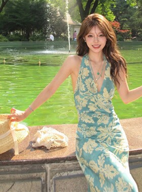 南法度假风高腰V领孔雀蓝碎花连衣裙 女夏杨凯雯同款吊带长裙