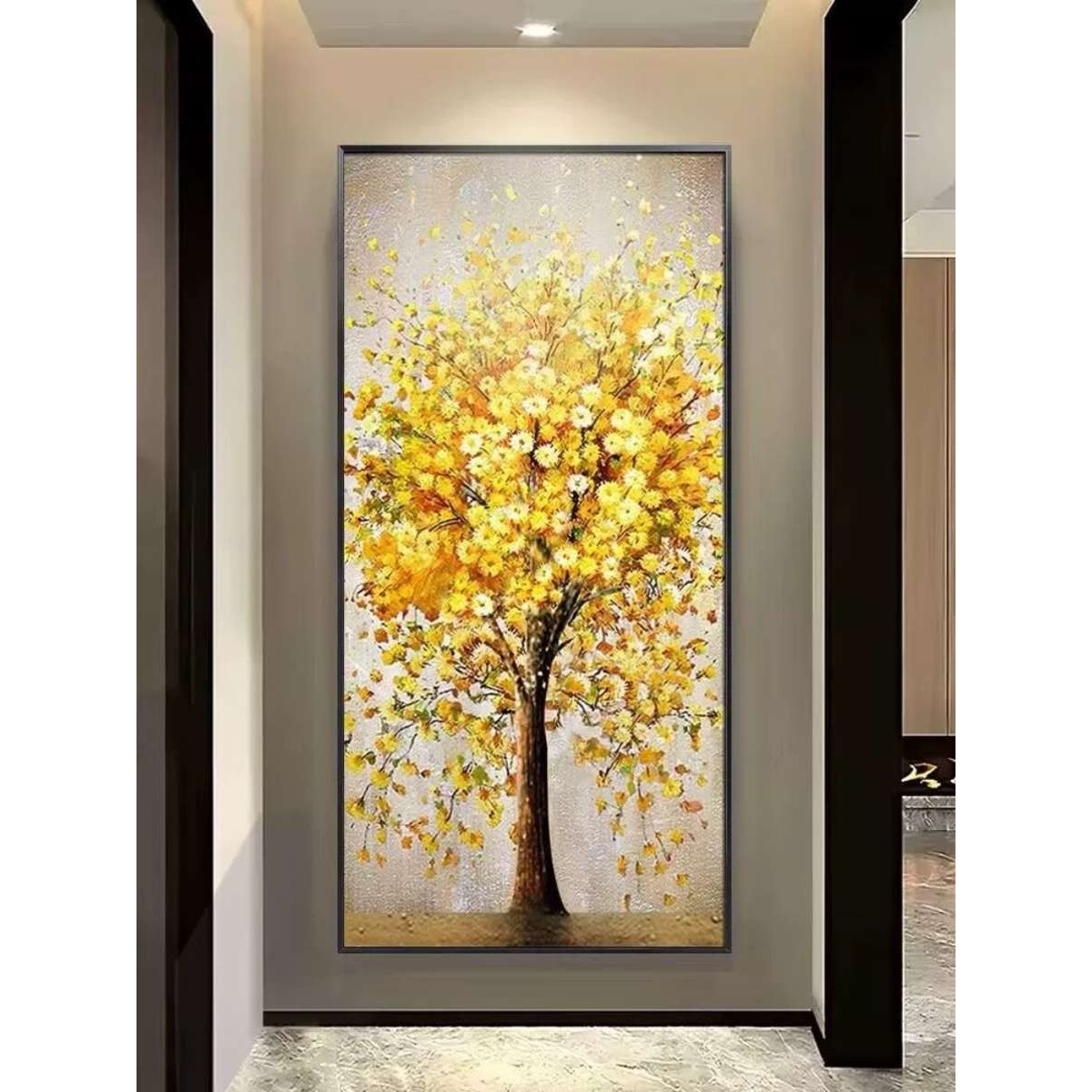玄关手绘油画发财树挂画立体厚油手工肌理别墅走廊过道竖版装饰画图片