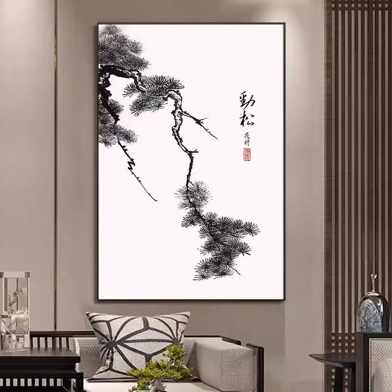 新中式古风客厅装饰画迎客松竹国画水墨茶室挂画玄关壁画复古书画图片