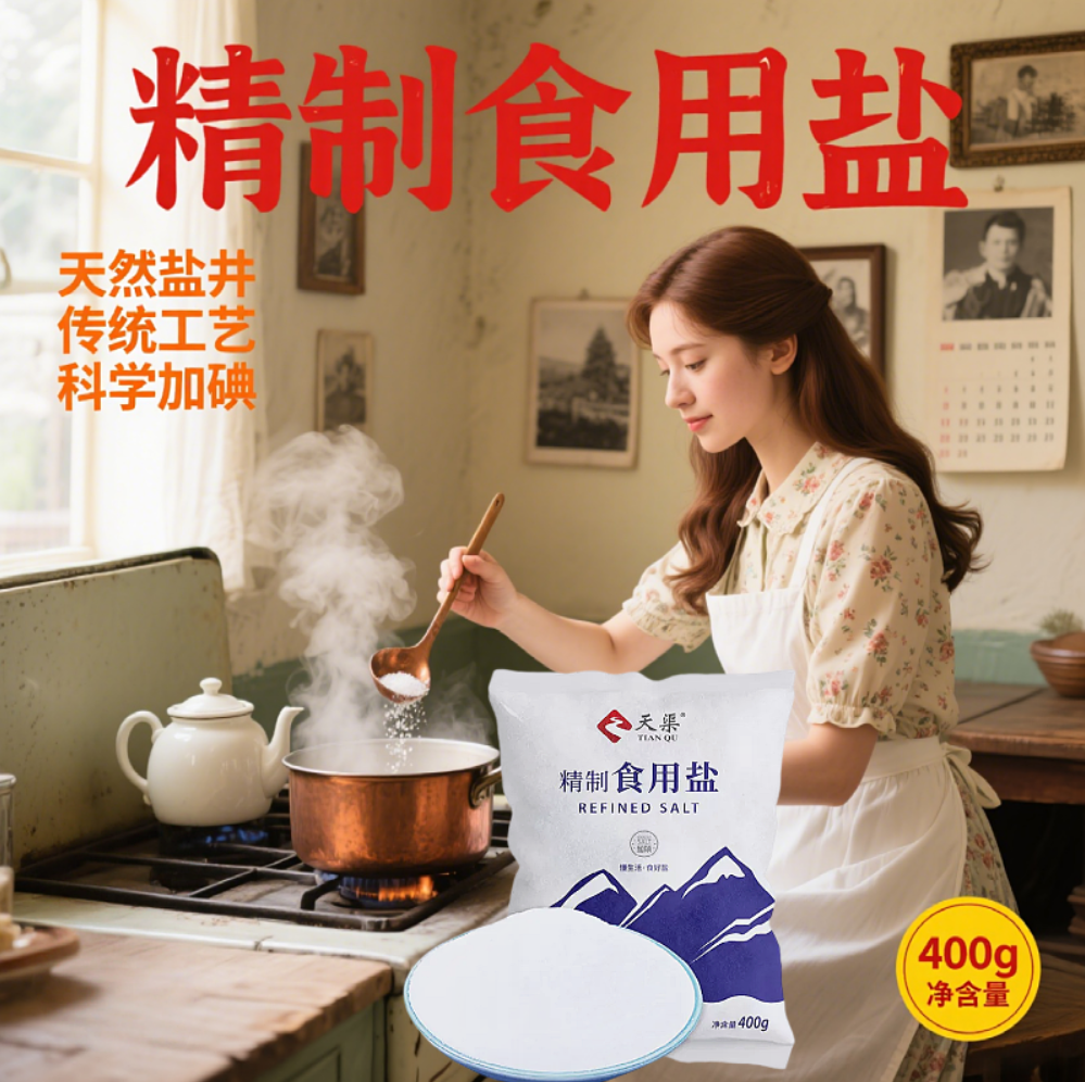 【400g袋装】天渠加碘精制食用盐炒菜烘焙烧烤撒料盐整袋食用盐
