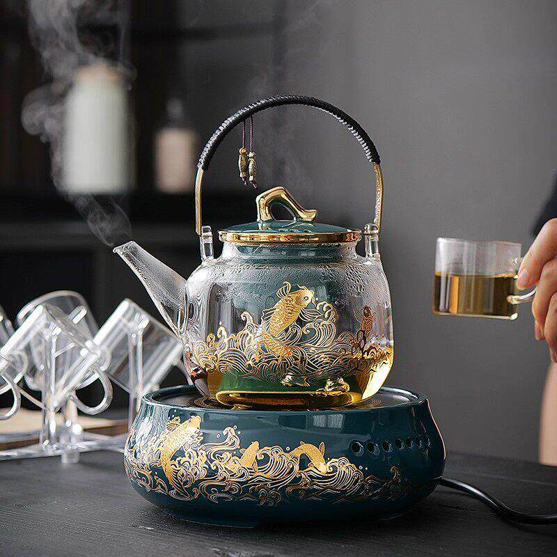 高档玻璃提梁壶轻奢黑晶炉煮茶器功夫茶具套组家用围炉煮茶烧水壶