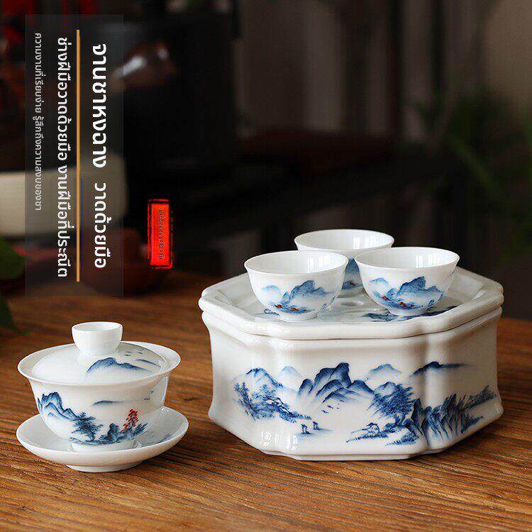 手绘青花瓷茶盘陶瓷茶具干泡台储水式小型覆古功夫家用茶船潮汕白
