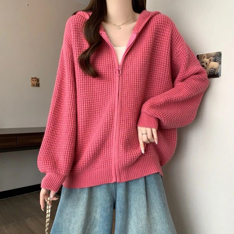 宽松华夫格长袖连帽针织