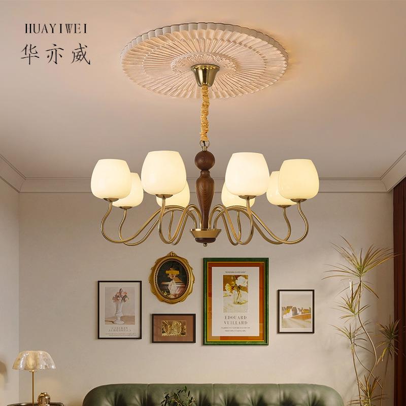 法式现代风卧室餐厅现代胡桃色新中式LED吊灯新款实木高级感灯具