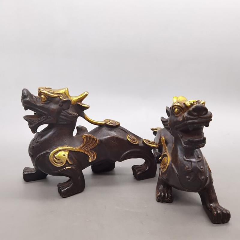 古玩收藏铜器紫铜色鎏金貔貅一对家居摆件仿古鎏金貔貅摆设工艺品