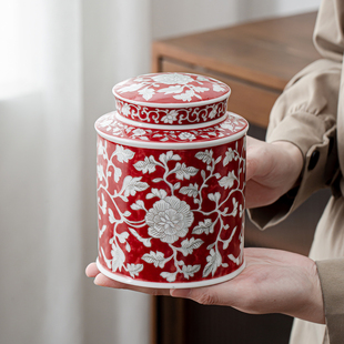 中式缠枝莲茶叶罐精品高档陶瓷储物密封空罐通用茶叶储存罐高级感