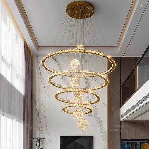现代轻奢别墅客厅挑空吊灯复式楼中空大吊灯loft简约水晶灯具