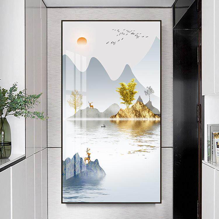 新中式客厅玄关晶瓷装饰画入户门挂画走廊过道竖版壁画有框单幅墙