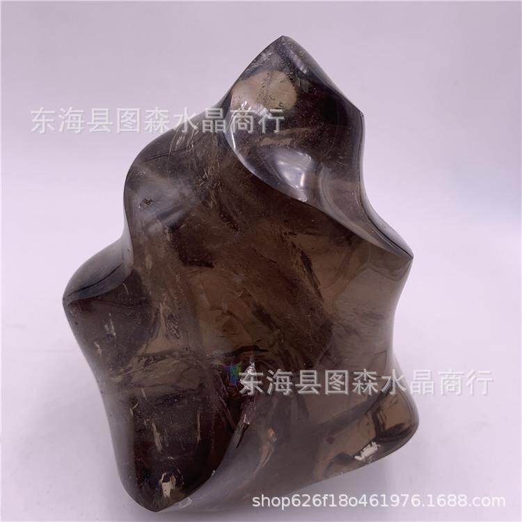 茶水晶火焰纹摆件烟晶火炬形水晶工艺品能量雕刻件