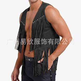 亚马逊男式麂皮绒无袖 V 领铆钉细节流苏饰边前开襟背心夹克