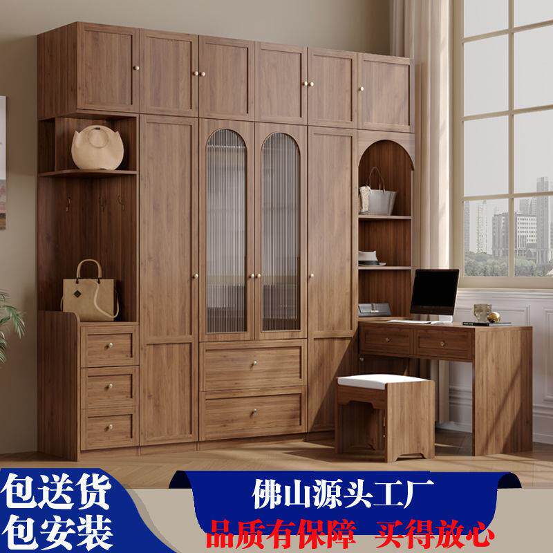衣柜中古风卧室家用拐角衣柜现代简约小户型三门转角衣柜书桌一体