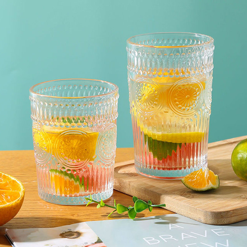 玻璃杯女夏季ins浮雕玻璃吸管喝水杯子咖啡牛奶杯高颜值带盖家用