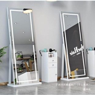 实木带灯镜壁挂镜理发店镜台镜子一体网红丿美发发廊落地镜