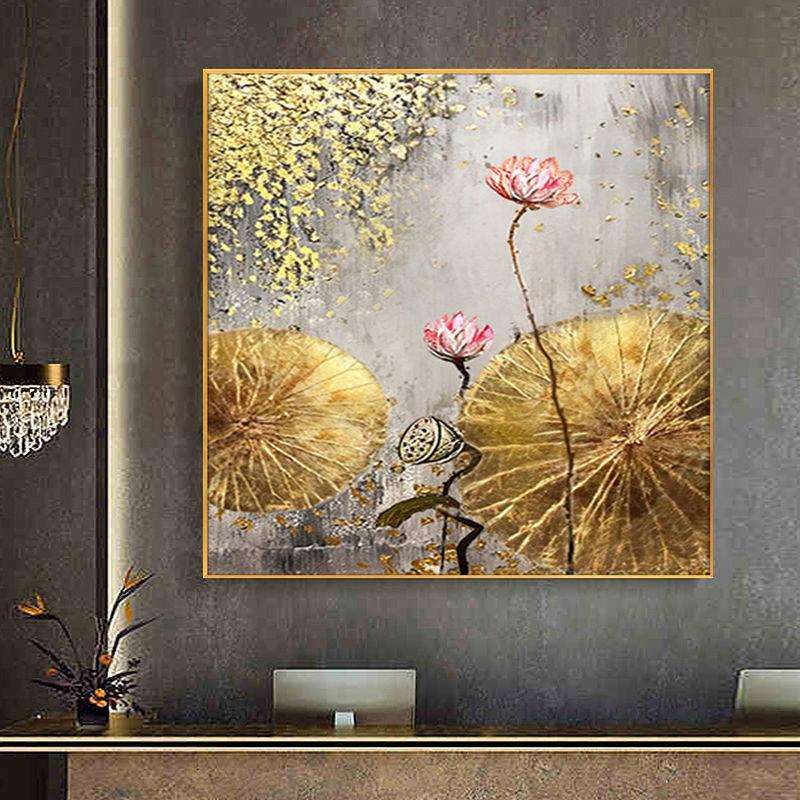 手绘油画东南亚泰式荷花金箔挂画餐厅装饰画立体玄关卧室床头壁画
