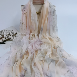 达芬奇密码烟纱玉兰女士长款丝巾2026新款高级100%桑蚕丝披肩真丝