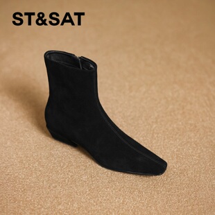 St&Sat/星期六黑色瘦瘦靴女款冬季新款低跟侧拉链方头弹力靴短靴