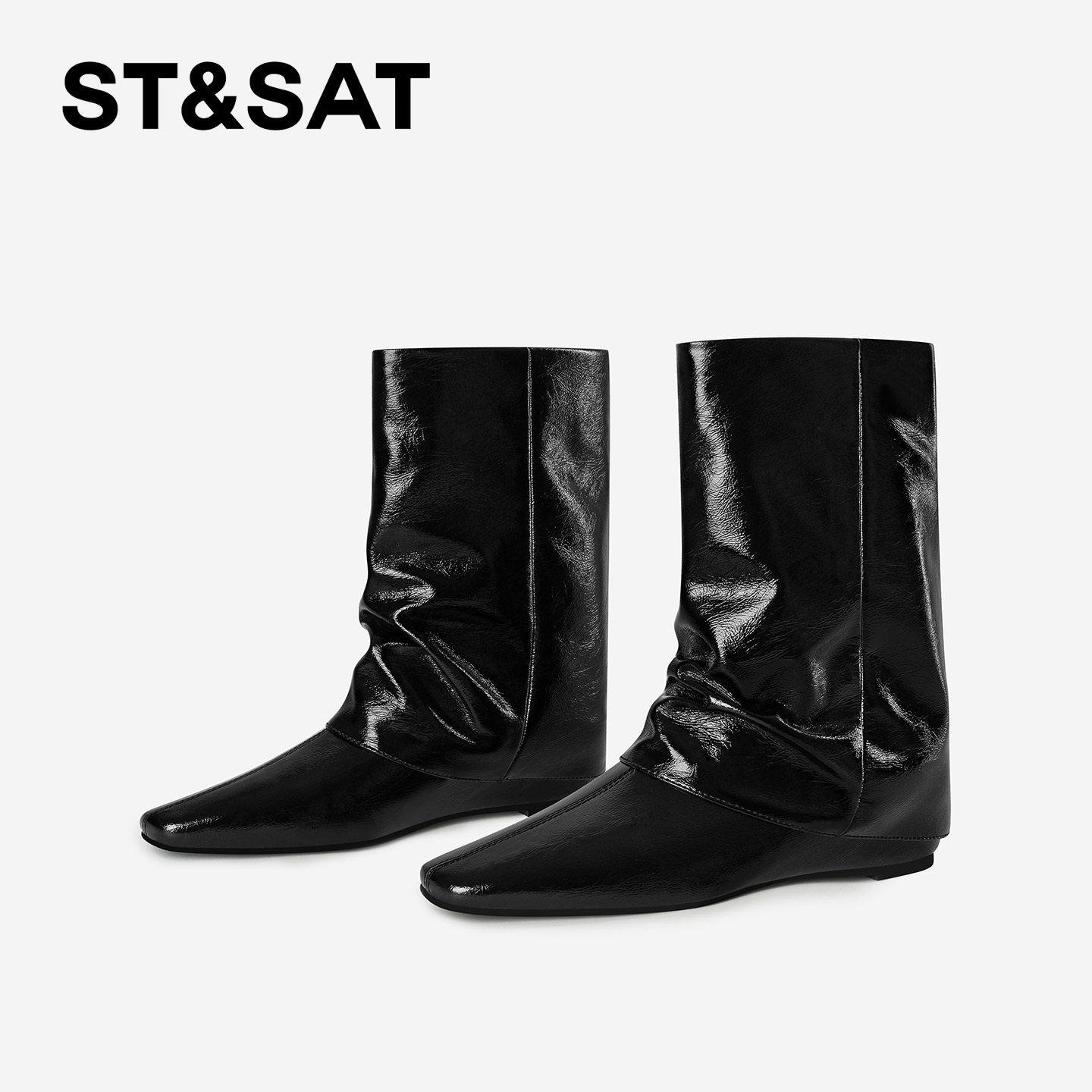 St&Sat/星期六英伦风中筒靴女秋冬方头内增高裤管靴黑色复古靴子