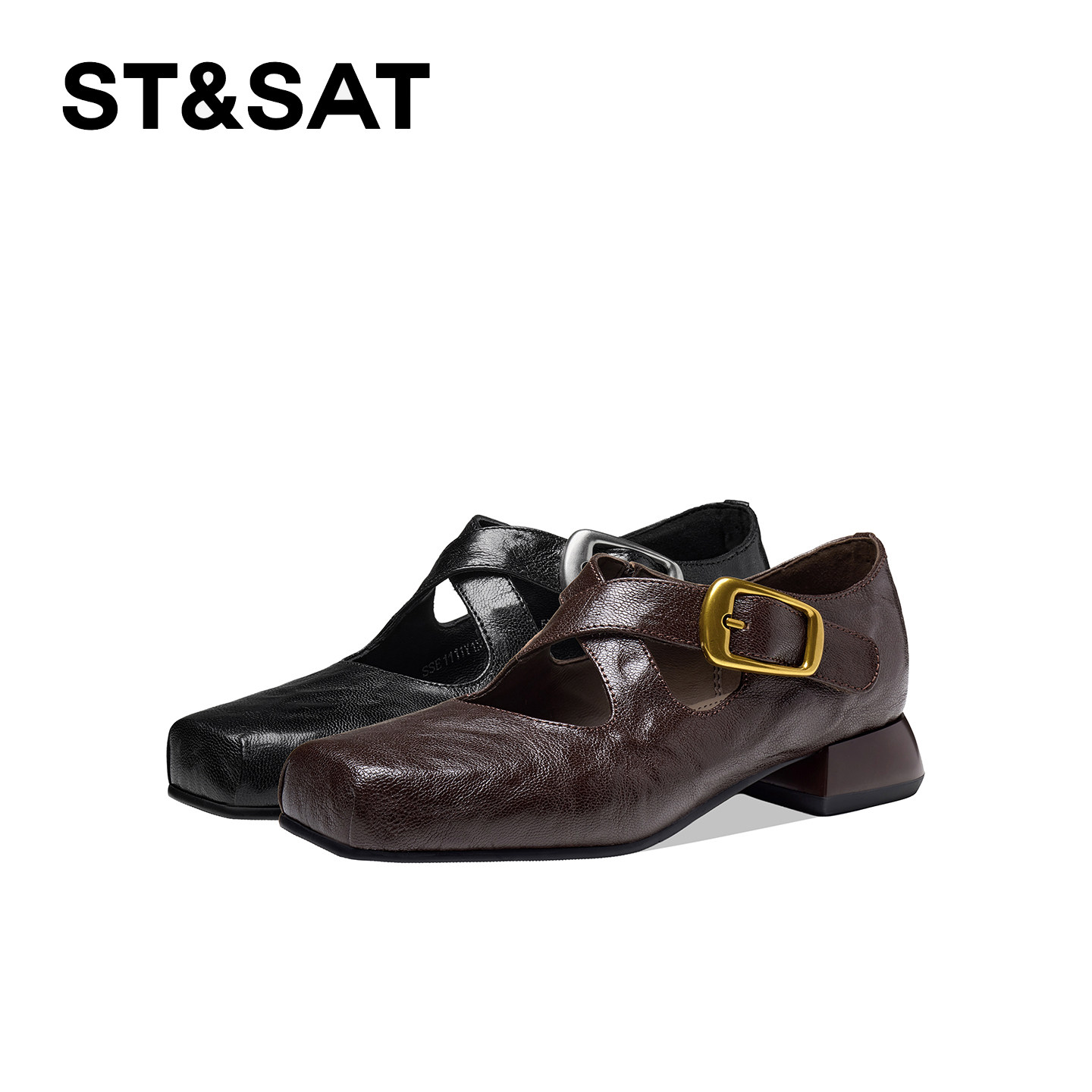 St&Sat方头粗跟绑带玛丽珍单鞋图片