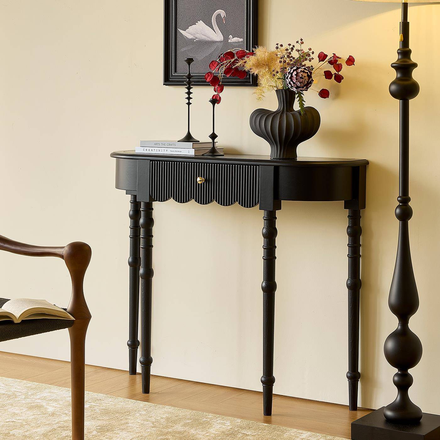 伯克纳玄关/美式复古实木半圆玄关桌法式入户案台靠墙装饰桌隔断