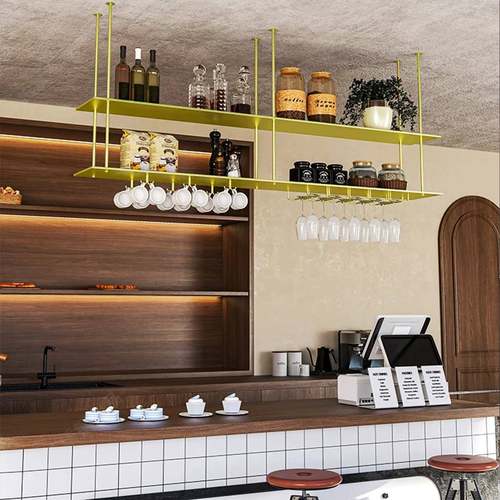 酒吧吧台悬空不锈钢吊架红酒酒架 餐厅吧台金属置物架发光酒杯架