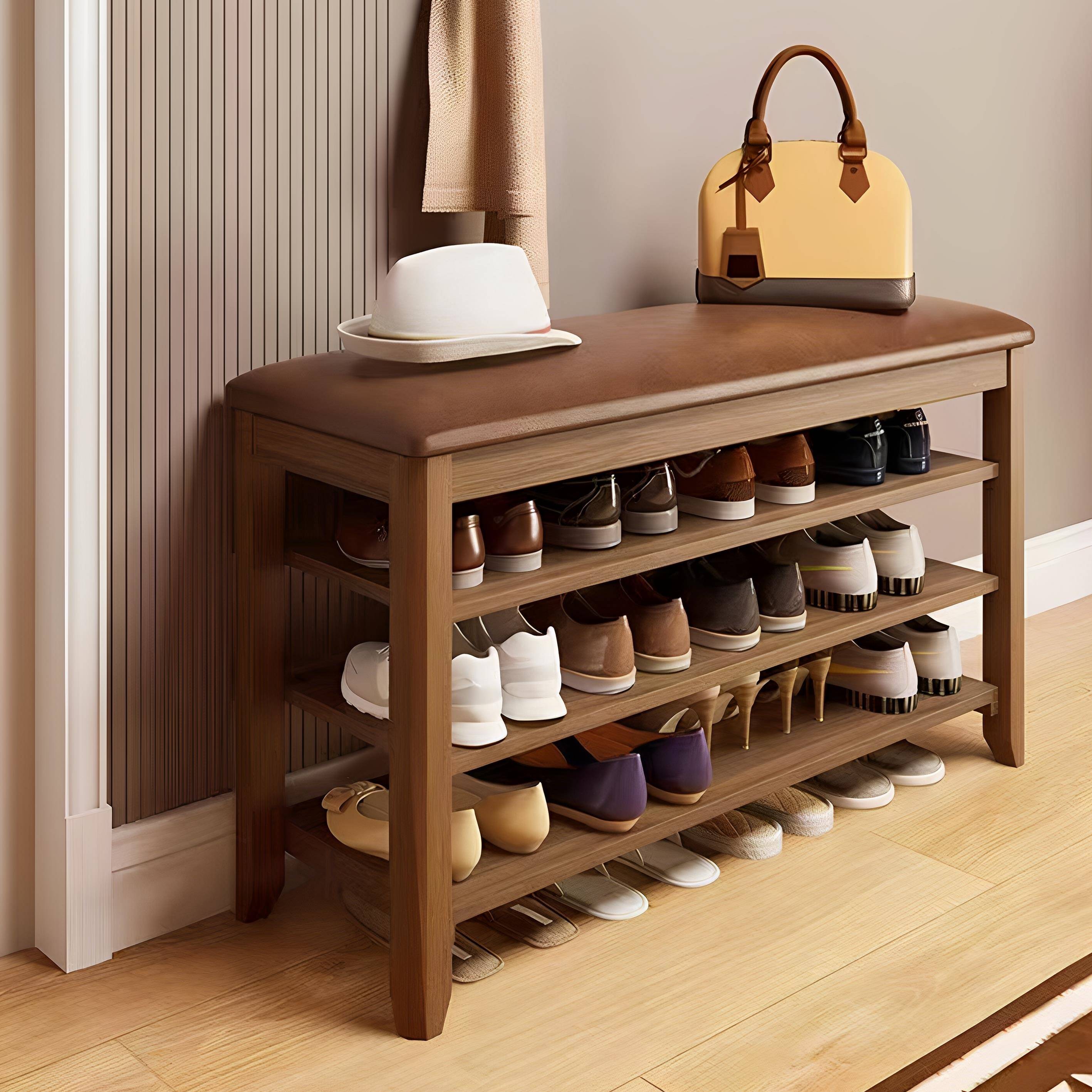 入户全实木鞋架换鞋凳家用现代简约进门可坐软包垫收纳省空间鞋柜